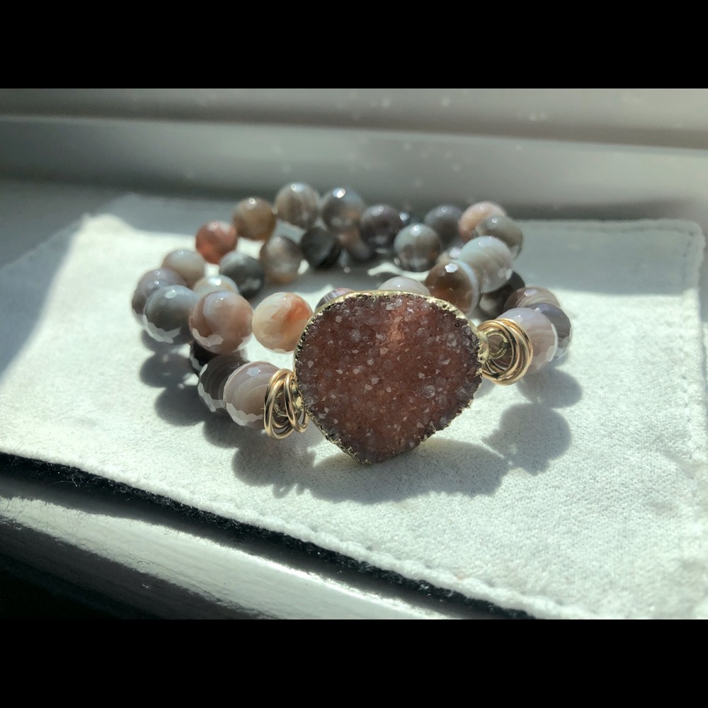 Druzy quartz 💎 and Botswana agate beaded double wrap stretch bracelet